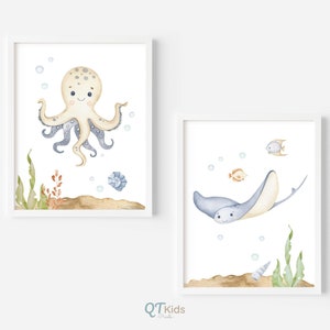 May include: Two watercolor illustrations of sea creatures. The first image features an octopus with blue and yellow tentacles and a light brown body. The second image features a blue stingray with a light brown underside. Both images feature bubbles and seaweed.