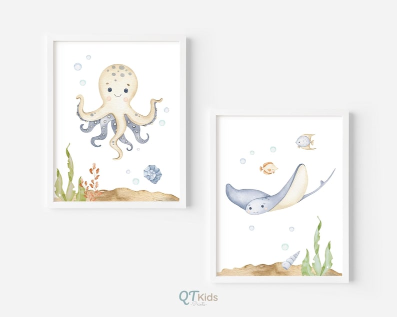 May include: Two watercolor illustrations of sea creatures. The first image features an octopus with blue and yellow tentacles and a light brown body. The second image features a blue stingray with a light brown underside. Both images feature bubbles and seaweed.