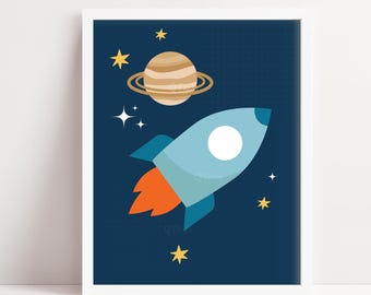Space Kids Room Print, Nursery Montessori School Poster, Kids Outer Space Playroom, Whimsical Space Rocket Wall Art, DIGITAL DOWNLOAD