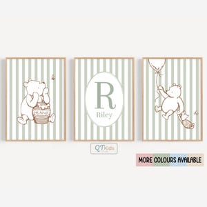 Winnie the Pooh Nursery Prints, Personalized Classic Pooh Printable Wall Art, Pink Blue Green Beige, Baby Shower Gift, DIGITAL DOWNLOAD