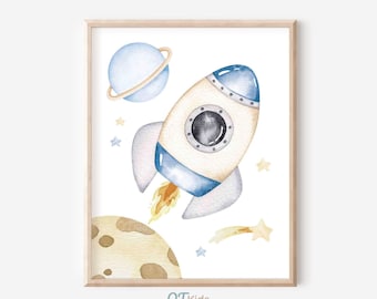 Stampe per la cameretta dei bambini nello spazio, pianeti astronauti nello spazio, razzo, decorazioni per la sala giochi blu, arte murale per la cameretta dei bambini, raggiungi le stelle, DOWNLOAD DIGITALE
