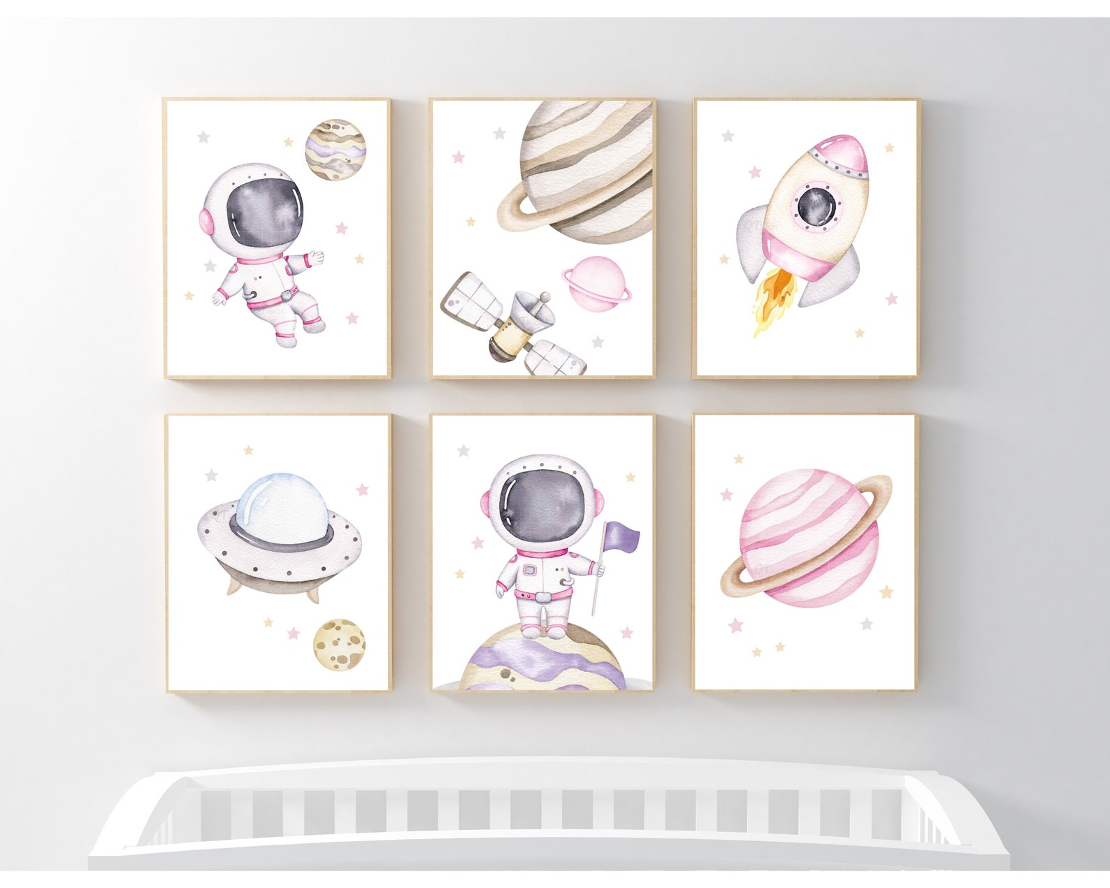 Space Nursery Prints, Girl Room Printable Wall Art, Pink Space Playroom ...