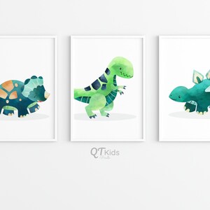 May include: Three watercolor dinosaur illustrations in white frames. The dinosaurs are a green T-Rex, a blue Triceratops, and a blue Stegosaurus.