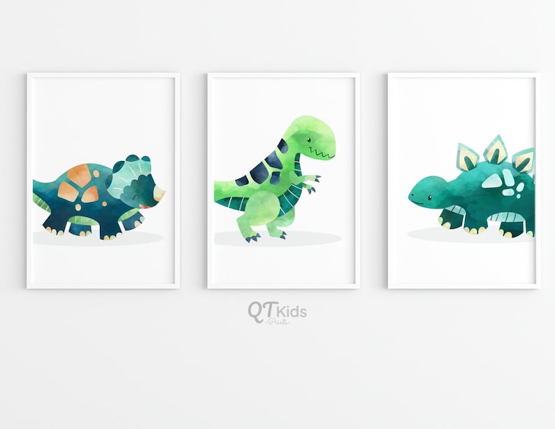 May include: Three watercolor dinosaur illustrations in white frames. The dinosaurs are a green T-Rex, a blue Triceratops, and a blue Stegosaurus.