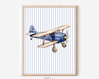 Lámina infantil de avión, avión vintage azul marino, decoración de pared para cuarto de juegos de bebé niño, póster de vehículo de transporte, descarga digital