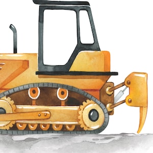 May include: A yellow toy bulldozer with black wheels and a black cab. The bulldozer has a brown track and a yellow blade.