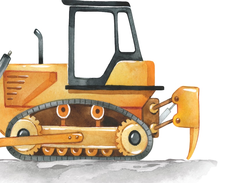 May include: A yellow toy bulldozer with black wheels and a black cab. The bulldozer has a brown track and a yellow blade.