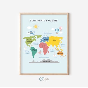 Kontinente Ozeane Lerndruck, Montessori Klassenzimmer Wandkunst, Kleinkind Zuhause Schule Lernposter, Weltkarte Poster, DIGITALER DOWNLOAD