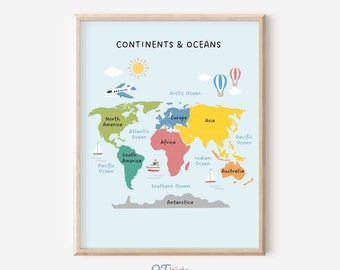 Continents Oceans Educational Print, Montessori Classroom Wall Art, Toddler Home School Learning Poster, World Map Poster, DIGITAL DOWNLOAD