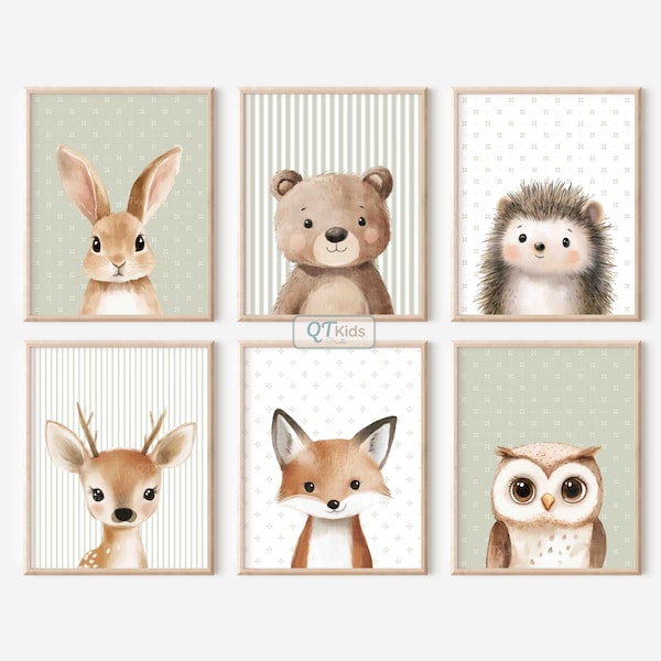 Woodland Nursery Prints, Bear Fox Deer Forest Animal Prints, Gender Neutral Nursery Wall Art, Sage Green Nursery Decor, DIGITAL DOWNLOAD