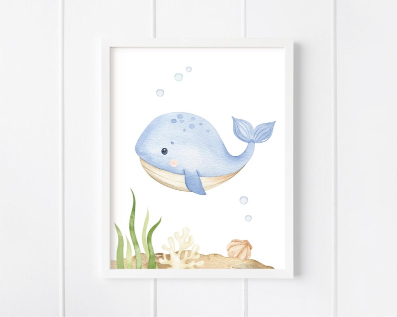 May include: A watercolor illustration of a blue whale with a light brown belly, swimming in the ocean with bubbles. There are green seaweed and a coral reef in the background.