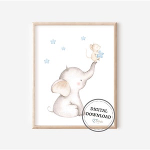 Elephant Nursery Print, Boy Nursery Printable Wall Art, Baby Boy Room Print, Watercolour Stars, Pastel Blue Nursery Decor, DIGITAL DOWNLOAD