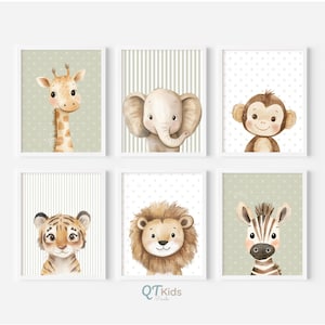 May include: Six framed watercolor prints featuring adorable safari animals: a giraffe, elephant, monkey, tiger, lion, and zebra. Each animal is depicted with soft colors and a friendly expression, set against patterned backgrounds. The prints are labeled with the text "QTKids".