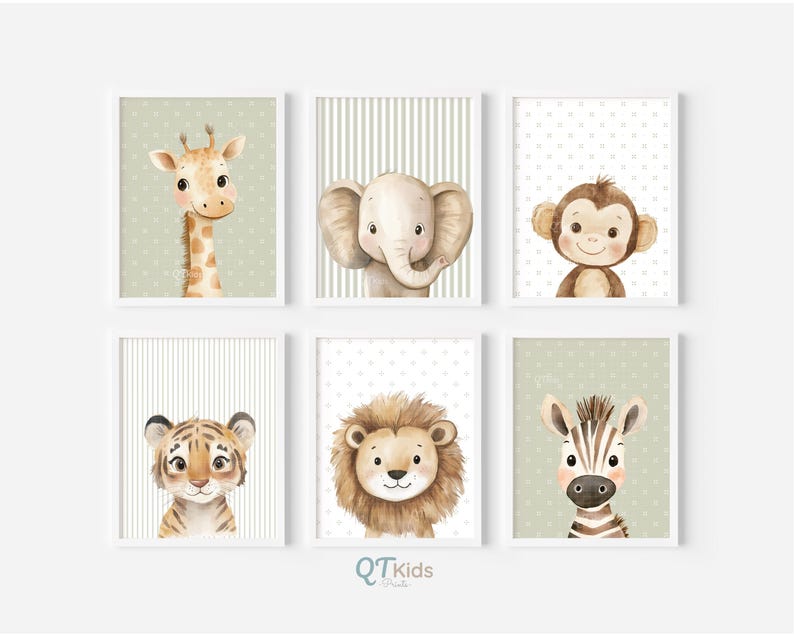 May include: Six framed watercolor prints featuring adorable safari animals: a giraffe, elephant, monkey, tiger, lion, and zebra. Each animal is depicted with soft colors and a friendly expression, set against patterned backgrounds. The prints are labeled with the text "QTKids".
