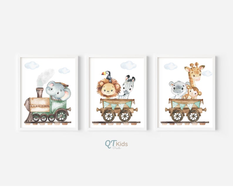 Safari Nursery Prints, Train Wall Art, Lion Elephant Zebra, Safari Animal Posters, Green Playroom Wall Art, DIGITAL DOWNLOAD image 8