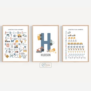 Stampe per asili nido edili, camion edili personalizzati con numeri dell'alfabeto ABC, poster didattici per la scuola Montessori, DOWNLOAD DIGITALE