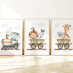 Safari Nursery Prints, Train Wall Art, Lion Elephant Zebra, Safari Animal Posters, Green Playroom Wall Art, DIGITAL DOWNLOAD image 3