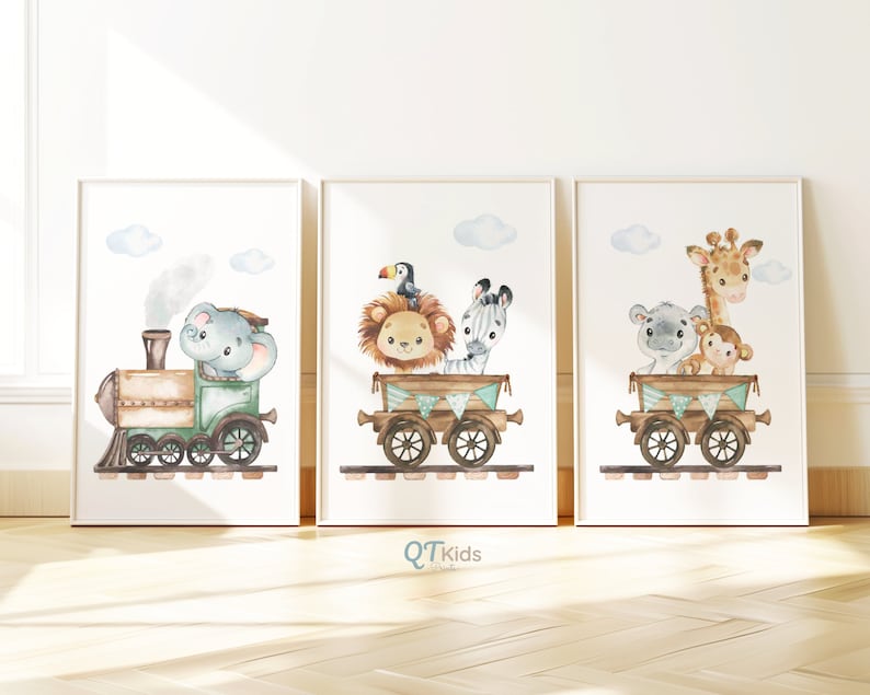 Safari Nursery Prints, Train Wall Art, Lion Elephant Zebra, Safari Animal Posters, Green Playroom Wall Art, DIGITAL DOWNLOAD image 3