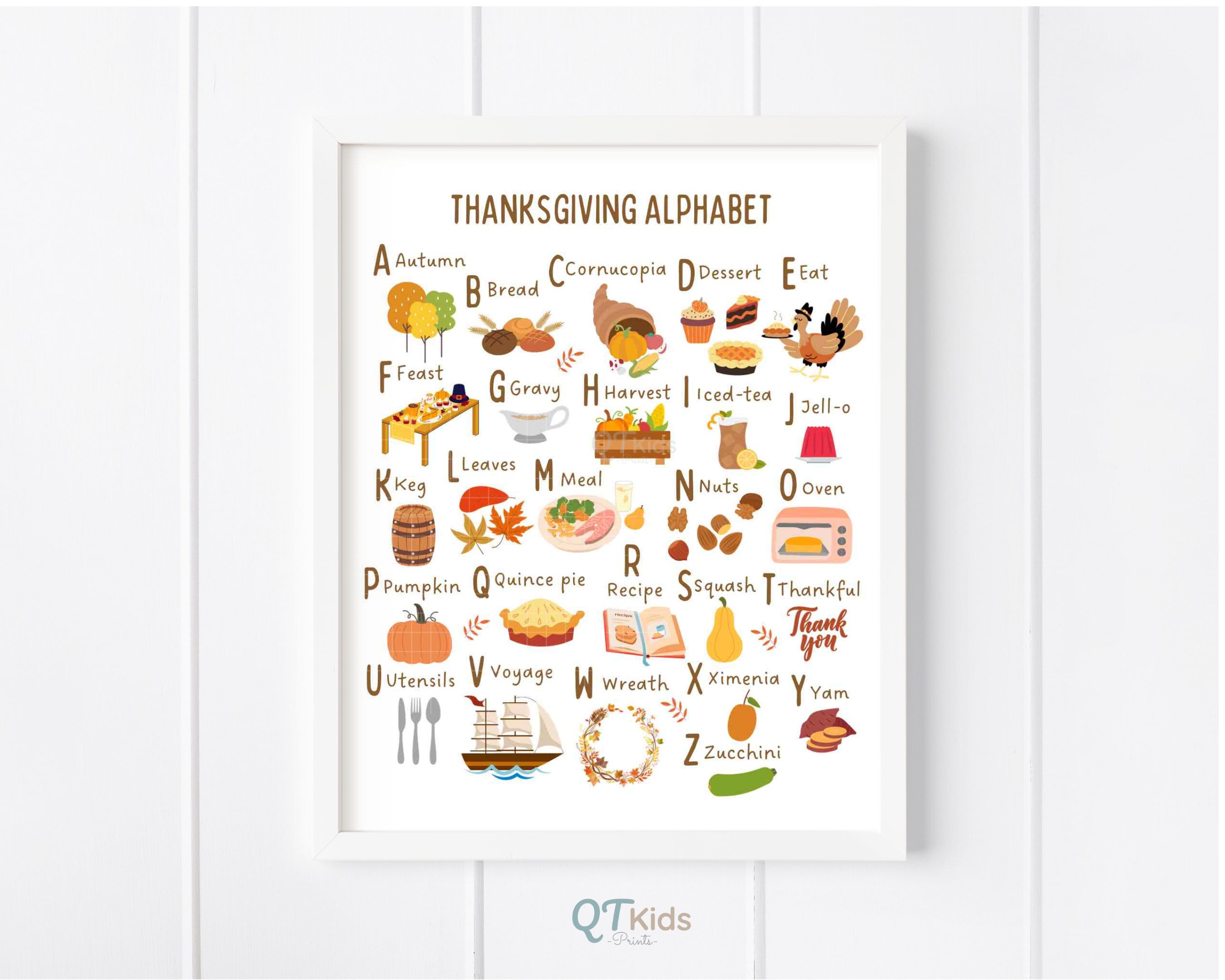 thanksgiving abc alphabet print, alphabet poster, montessori