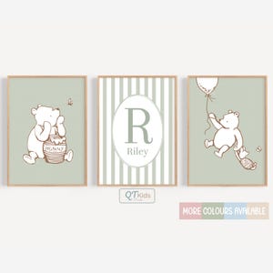 Winnie the Pooh Nursery Prints, Personalized Classic Pooh Printable Wall Art, Pink Blue Green Beige, Baby Shower Gift, DIGITAL DOWNLOAD