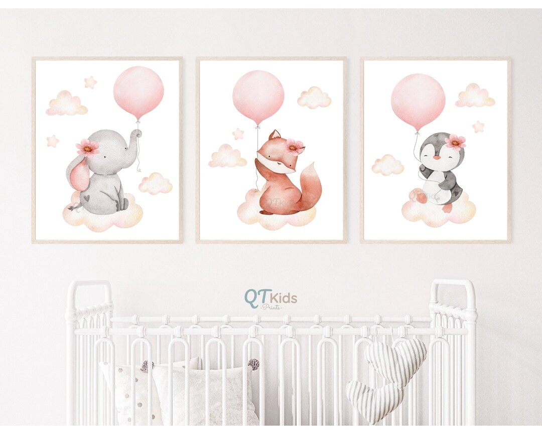 Girl Room Nursery Prints Baby Animals With Balloons Pink Girl Room 