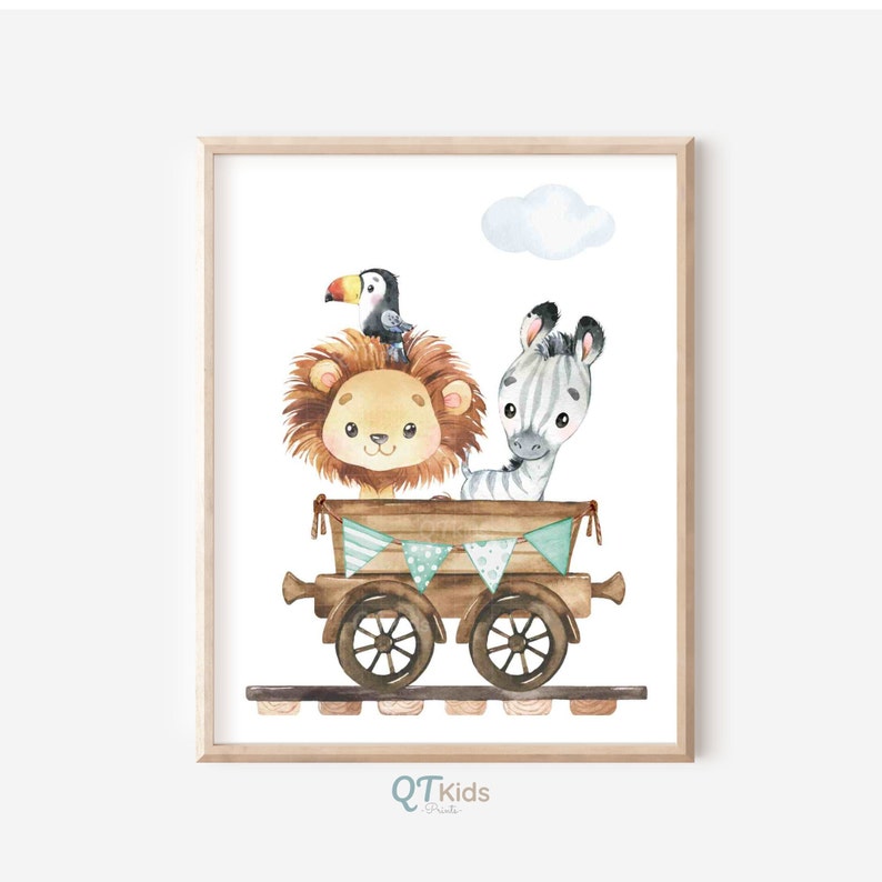 Safari Nursery Prints, Train Wall Art, Lion Elephant Zebra, Safari Animal Posters, Green Playroom Wall Art, DIGITAL DOWNLOAD image 5