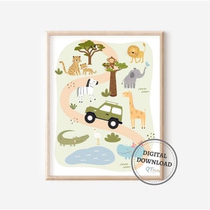 Safari Kinderzimmer Drucke, Safari Karte druckbare Wandkunst, Kinder Spielzimmer Dekor, Boho Kinderzimmer Dschungel Druck, Elefant Löwe Giraffe DIGITAL DOWNLOAD