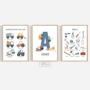 Construction Nursery Prints, Personalized Construction Trucks Tools Educational Prints, Montessori School Learning Posters, DIGITAL DOWNLOAD
