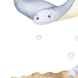 May include: A watercolor illustration of a blue stingray with a smiling face, swimming above a sandy ocean floor. There are several blue and green bubbles around the stingray.