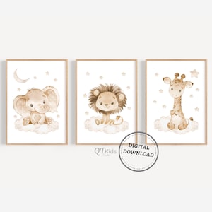 Safari Poster, Elefant Löwe Giraffe Safari Tiere, Gender Neutral, Beige, Dschungel Tiere, Baby Kinderzimmer Dekoration, DIGITALE DOWNLOADS