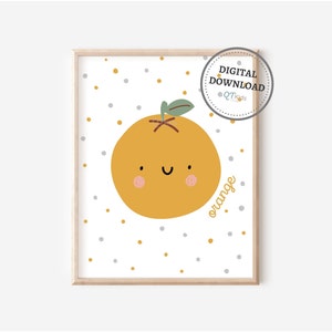 Arte de la pared del vivero de frutas de naranja, impresión linda del arte de la fruta, decoración de la pared de la sala de juegos para niños, decoración de la fruta del vivero boho, cartel educativo DESCARGA DIGITAL