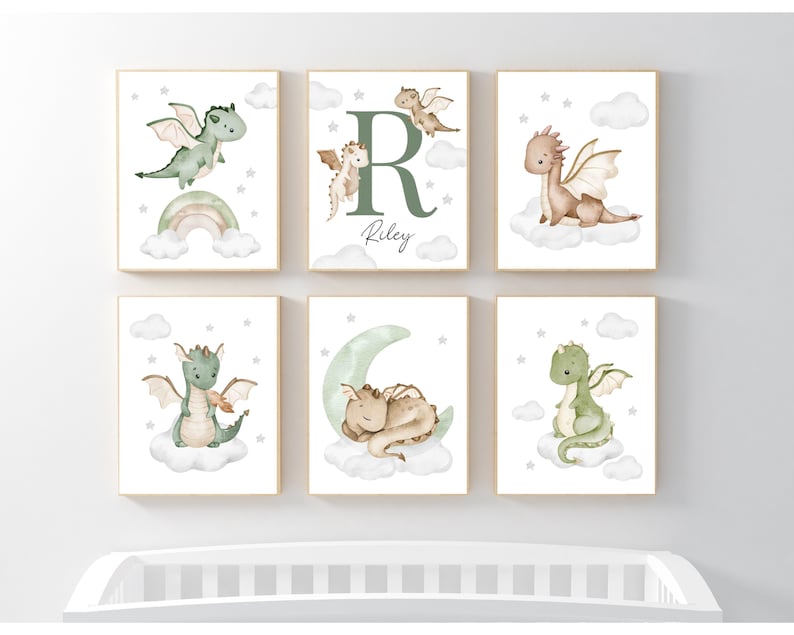 Personalized Dragon Nursery Prints, Custom Boy Name Wall Art, Dragon ...
