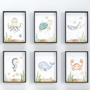 May include: Set of six watercolor illustrations of sea creatures in frames. The illustrations feature an octopus, sea turtle, stingray, seahorse, whale, and crab.
