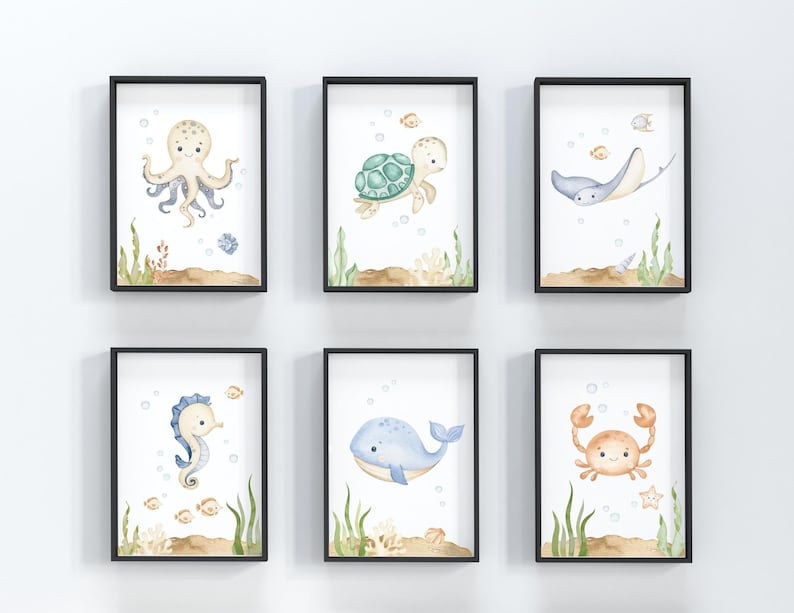 May include: Set of six watercolor illustrations of sea creatures in frames. The illustrations feature an octopus, sea turtle, stingray, seahorse, whale, and crab.