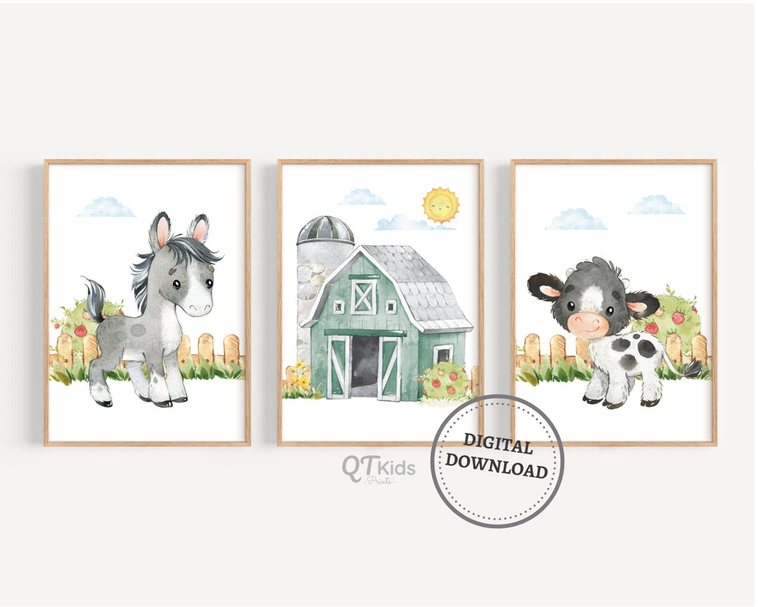 Farm Nursery Prints, Kids Room Wall Art Decor, Set of 3 Farm Animals