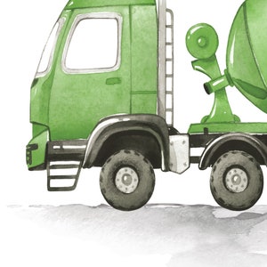 May include: A green cement mixer truck with a large rotating drum. The truck has a black ladder on the side and black wheels.