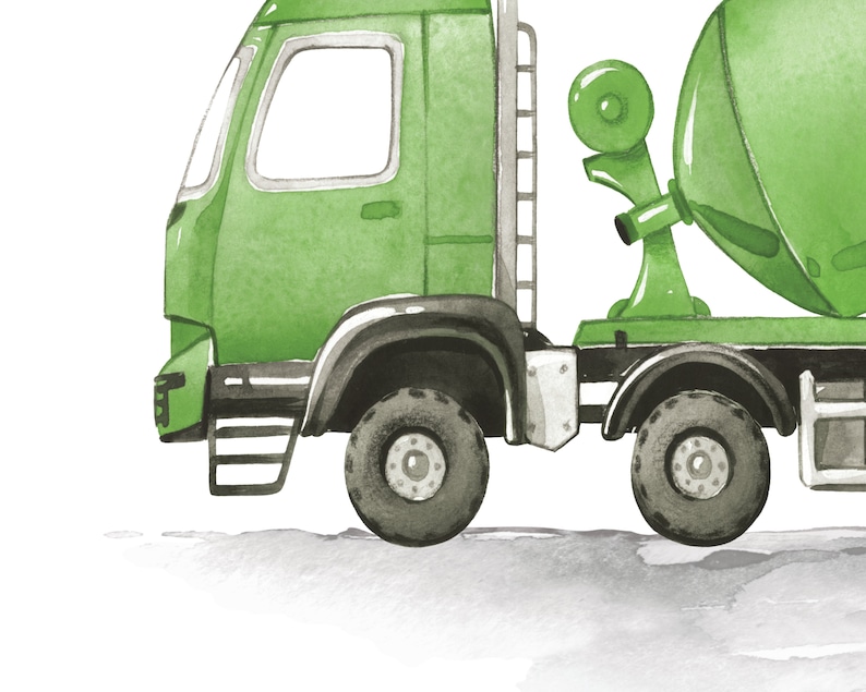 May include: A green cement mixer truck with a large rotating drum. The truck has a black ladder on the side and black wheels.