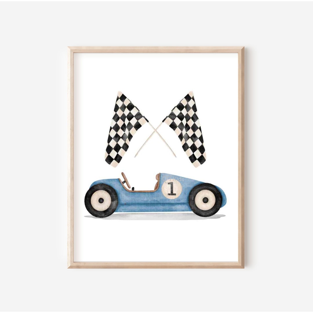 Racing Car Nursery Print, Boy Playroom Printable Wall Art, Blue Race