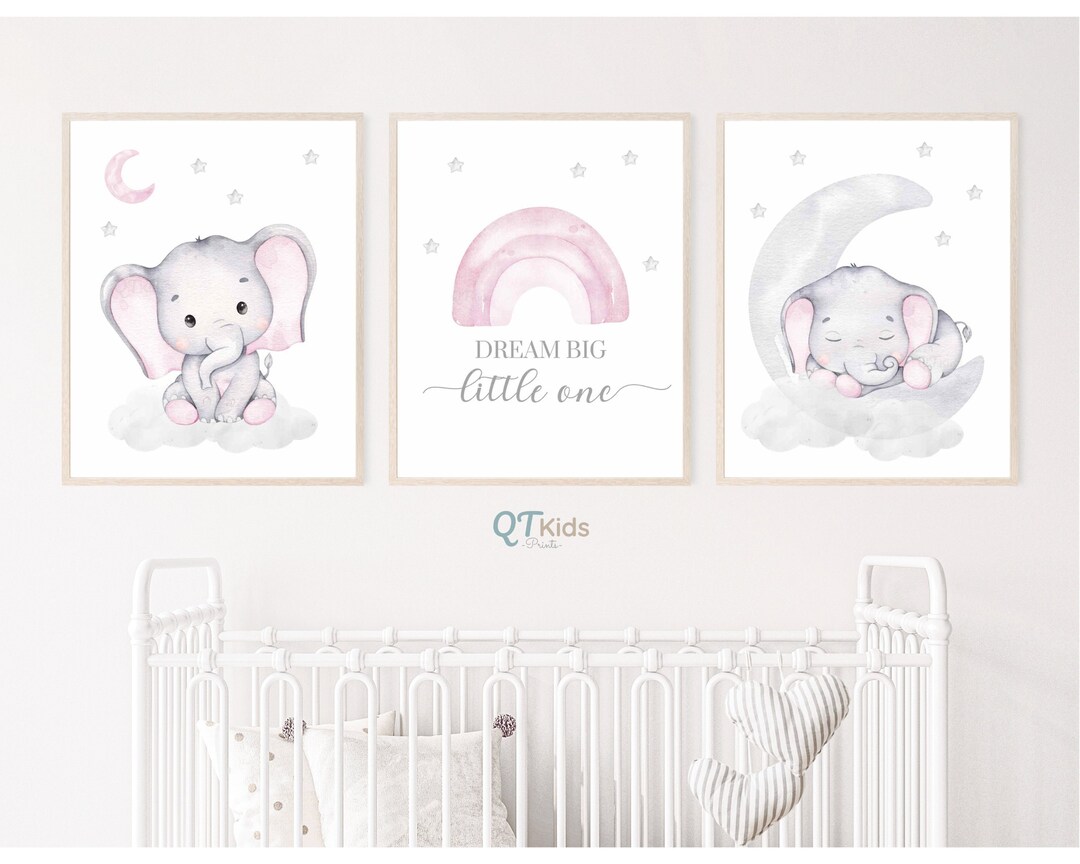 Elephant Nursery Prints, Girl Room Printable Wall Art, Dream Big Little ...