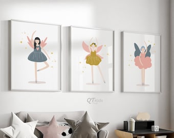 Ballerina Prints, Girl Nursery Printable Wall Art, Fairies Art Prints, Set of 3, Boho Nursery Decor, Girl Playroom Print DIGITAL DOWNLOAD