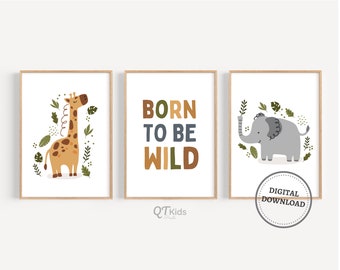 Safari Nursery Prints, Boy Room Safari Animal Wall Art, Playroom Animal Decor, Boho Nursery Decor, Elephant Giraffe Prints, DIGITAL DOWNLOAD