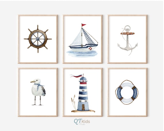 Nautical Nursery Prints, Sailboat Lighthouse Printable Wall Art, Seaside Ocean Boy Nursery Decor, Kids Room Wall Art, DIGITAL DOWNLOAD