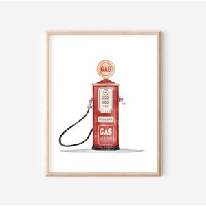 Vintage Gas Pump Print, Racing Car Nursery Print, Boy Playroom Printable Wall Art, Red Gas Pump, Race Car Playroom Decor, DIGITAL DOWNLOAD