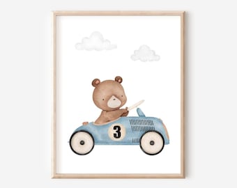 Boy Nursery Print, Vintage Racing Cars, Woodland Animal, Brown Bear Print, Playroom Wall Art, Minimalist Baby Room Decor, DIGITAL DOWNLOAD