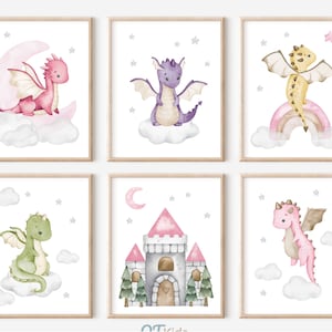 Láminas para guardería de dragones rosas, láminas para guardería de niñas, arte de pared imprimible para habitación de niñas, láminas de dragones bebés en acuarela, juego de 6, DESCARGA DIGITAL