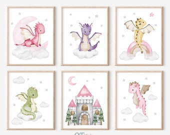 Pink Dragon Nursery Prints, Girl Nursery Prints, Girl Room Printable Wall Art, Watercolour Baby Dragons Prints, Set of 6, DIGITAL DOWNLOAD