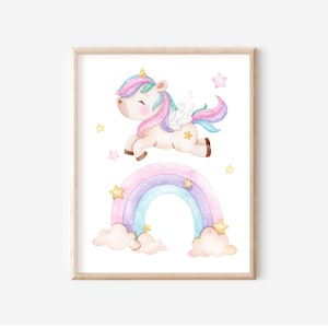 Stampe di unicorno, Arte della parete stampabile della stanza della ragazza, Decorazione della parete dell'unicorno della sala giochi, Stampe dell'asilo nido della ragazza, Unicorno arcobaleno pastello, DOWNLOAD DIGITALE