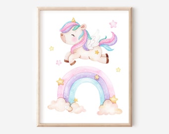 May include: A watercolor illustration of a unicorn flying over a rainbow with clouds and stars. The unicorn is white with a pink and blue mane and tail. The rainbow is pink, purple, and blue.