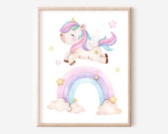 Unicorn Prints, Girl Room Printable Wall Art, Playroom Unicorn Wall Decor, Girl Nursery Prints, Pastel Rainbow Unicorn, DIGITAL DOWNLOAD