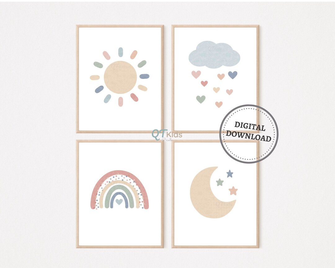 Rainbow Sun Cloud Nursery Prints, Boho Nursery Decor, Neutral Kids Room ...